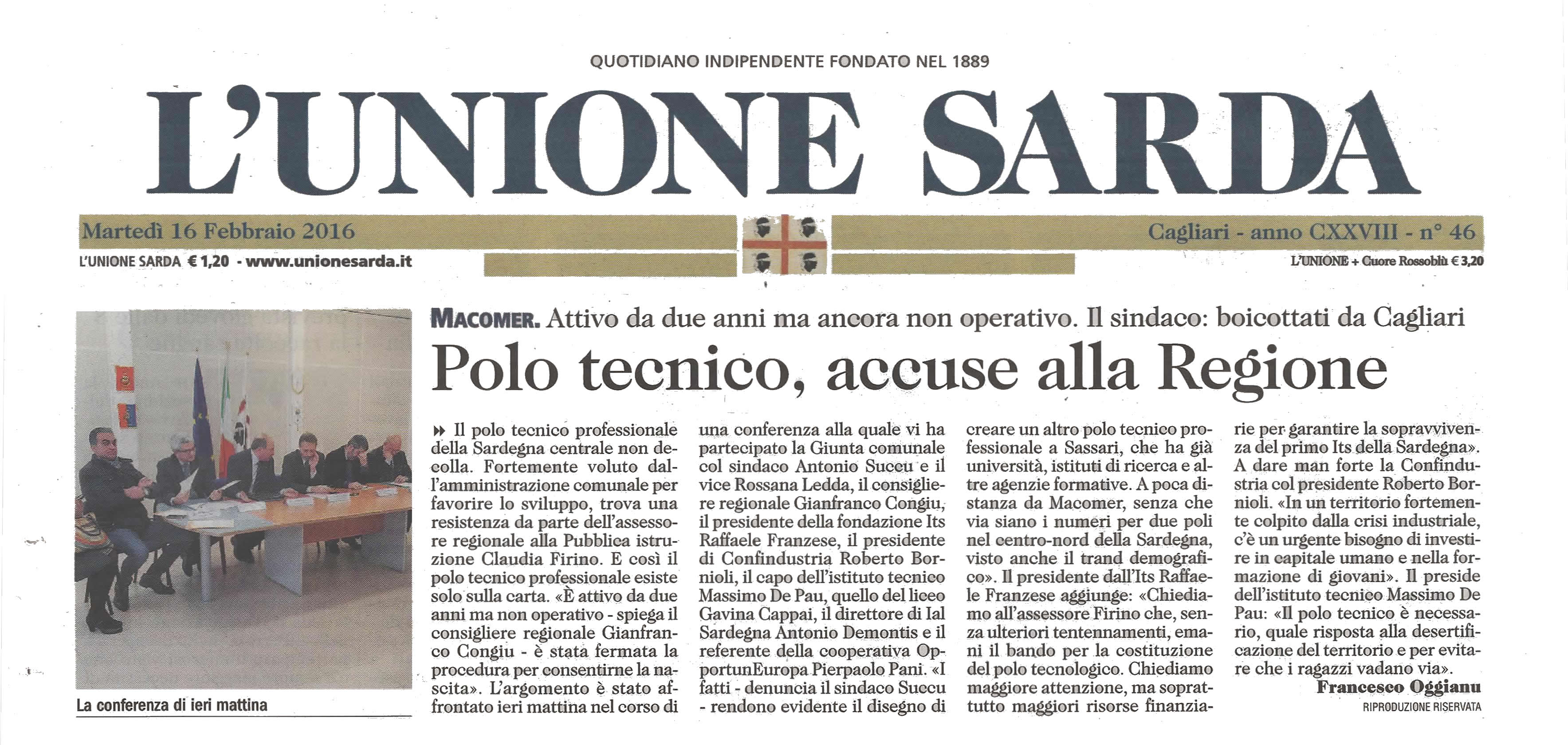16.02.2016 - L'Unione Sarda - Polo Tecnico, accuse alla Regione.jpeg